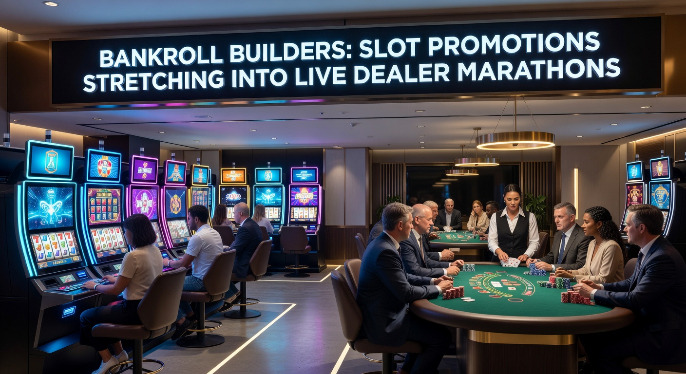 Dynamic screenshot of a casino app displaying slot bonus progress bar linking to live dealer lobby, with chips stacking up in a marathon session