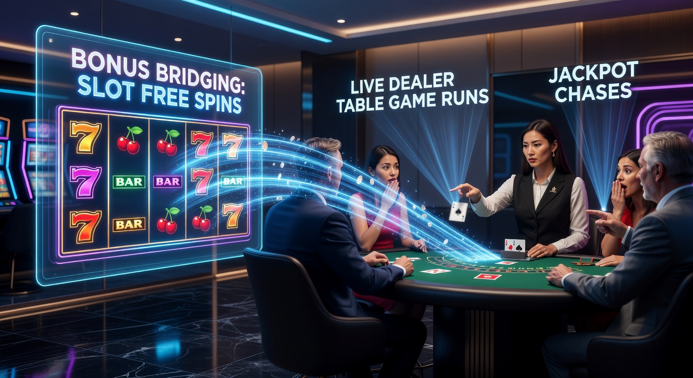 Vibrant slot machine reels spinning with free spin bonuses transitioning into live dealer blackjack tables and progressive jackpot displays in an online casino interface