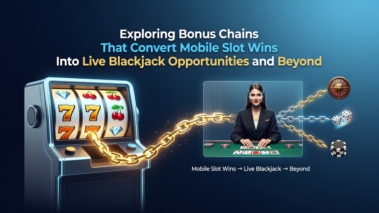 Illustration showing mobile slot interface transitioning into live blackjack table with bonus indicators