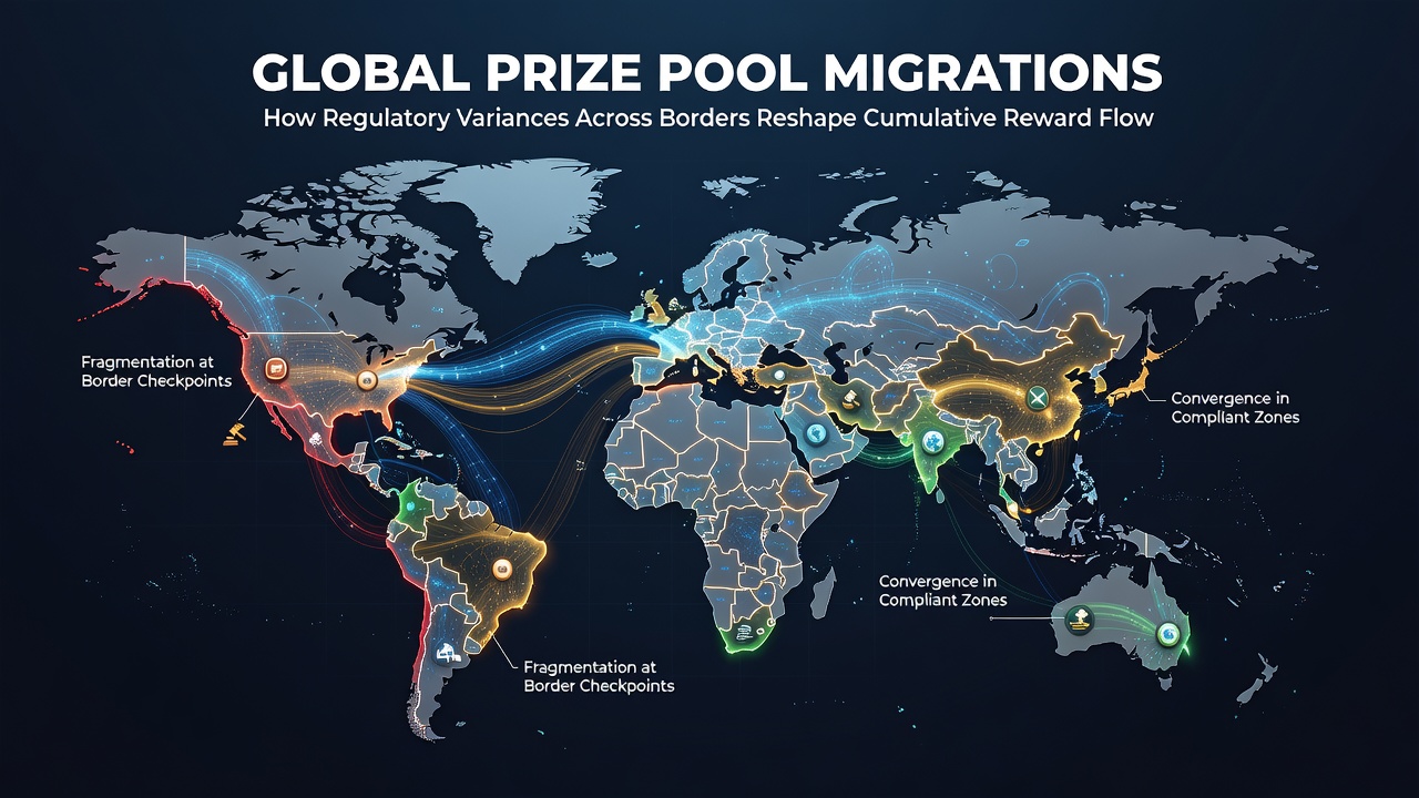 Diagram depicting mobile device interfaces connected to shifting global prize pool networks under regulatory influences