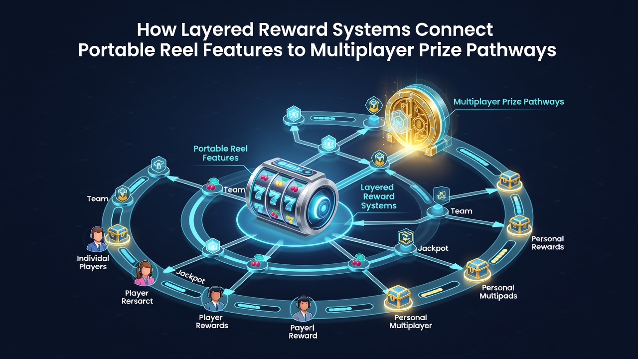 Mobile slot interface displaying layered reward progression from portable reels toward multiplayer prize pathways