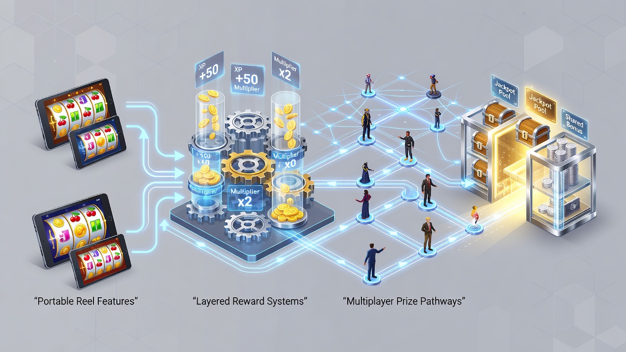 Diagram illustrating data flow from mobile reel features through layered rewards into multiplayer jackpot pathways