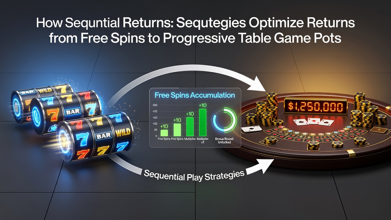 Diagram showing sequential gameplay flow from slot free spins into progressive table game pots with arrows indicating bankroll transfer and jackpot growth