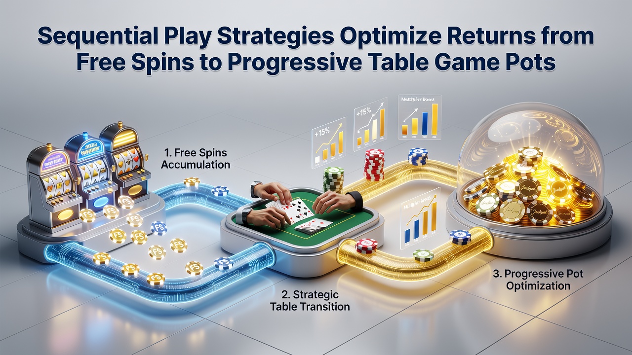 Infographic illustrating bankroll flow from free spins into live dealer progressive tables with percentage breakdowns and jackpot growth indicators
