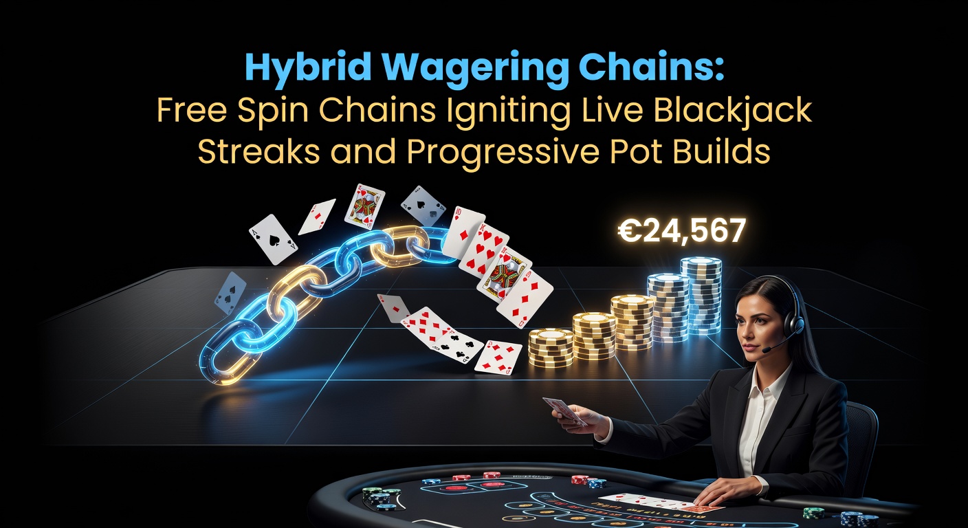 Vibrant digital graphic illustrating free spin chains linking slot reels to live blackjack tables with escalating progressive pots in the background