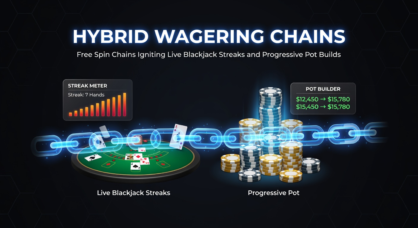 Dynamic screenshot of a hybrid chain interface showing free spins payout transitioning to a live blackjack streak with a rising progressive jackpot meter