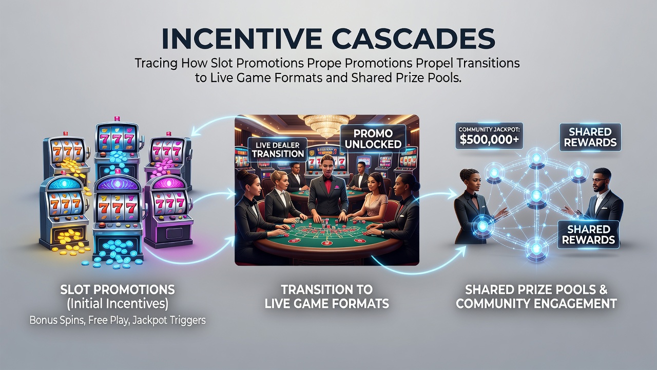Slot machine interface displaying promotional free spins transitioning into live dealer table options on a casino platform