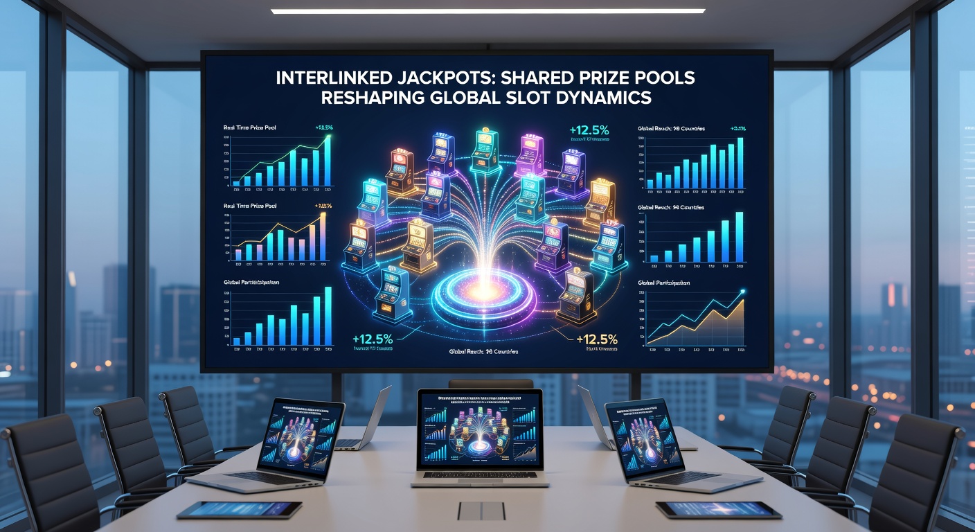 Animated graphic showing interconnected slot machines across a world map with jackpot funds flowing between continents