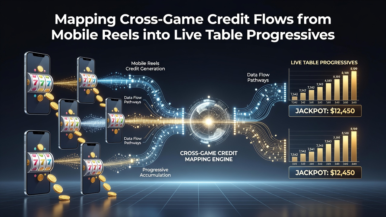 Diagram showing credit flow from mobile slot reels into live table progressive jackpots across connected platforms