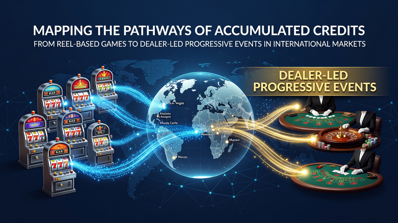 Digital visualization showing credit flow from reel-based slot machines to live dealer progressive jackpot tables across international platforms