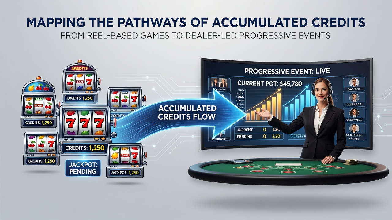 Infographic illustrating credit pathways from slot reels to live dealer progressive events with arrows showing international market flows