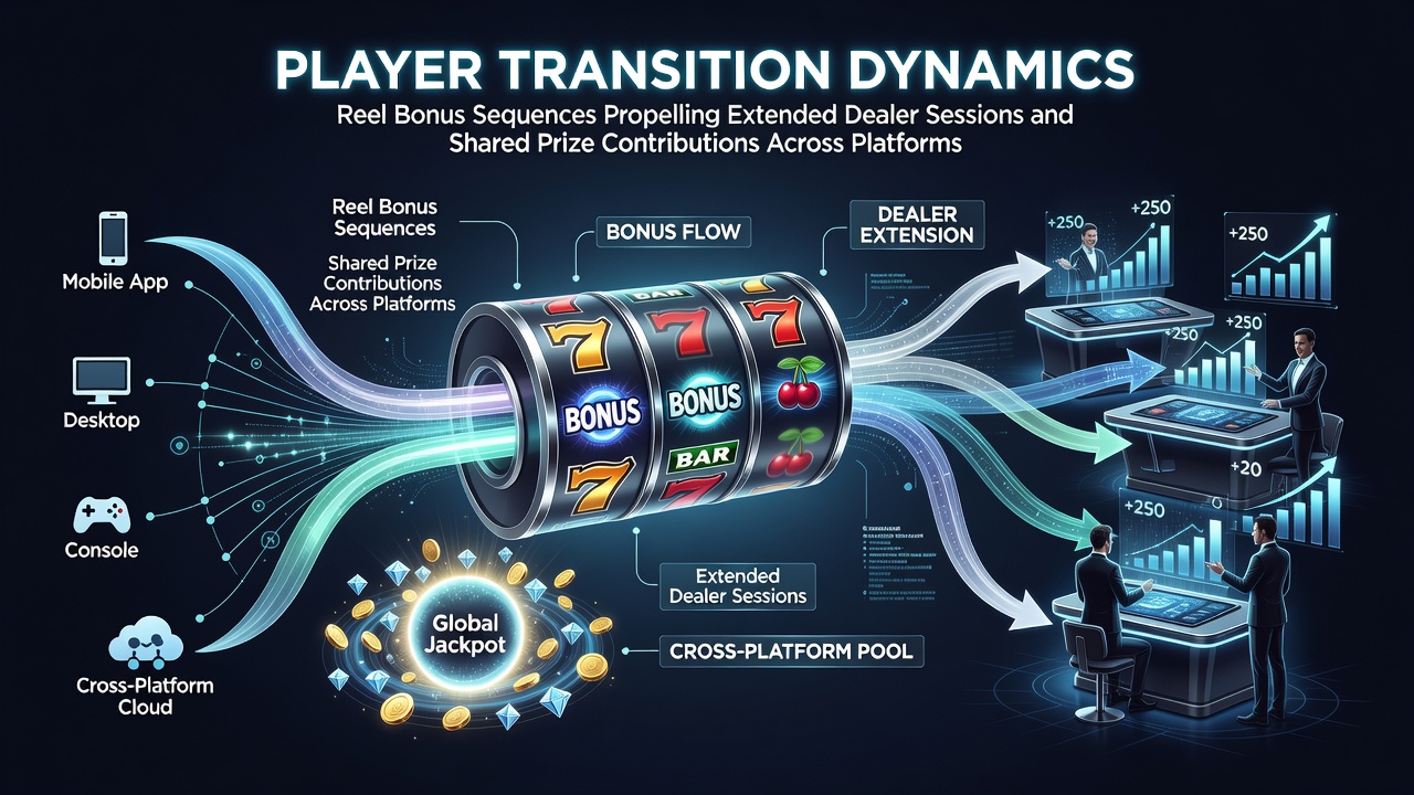Illustration showing slot reel bonuses transitioning into live dealer table sessions with shared jackpot elements across digital platforms