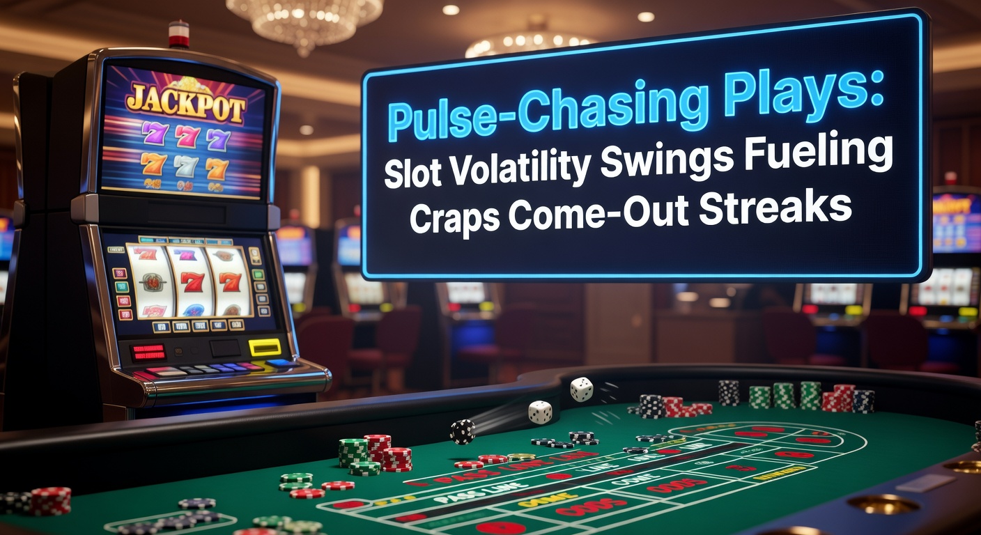 Dynamic slot machine reels spinning with vibrant volatility swings transitioning to a lively craps table