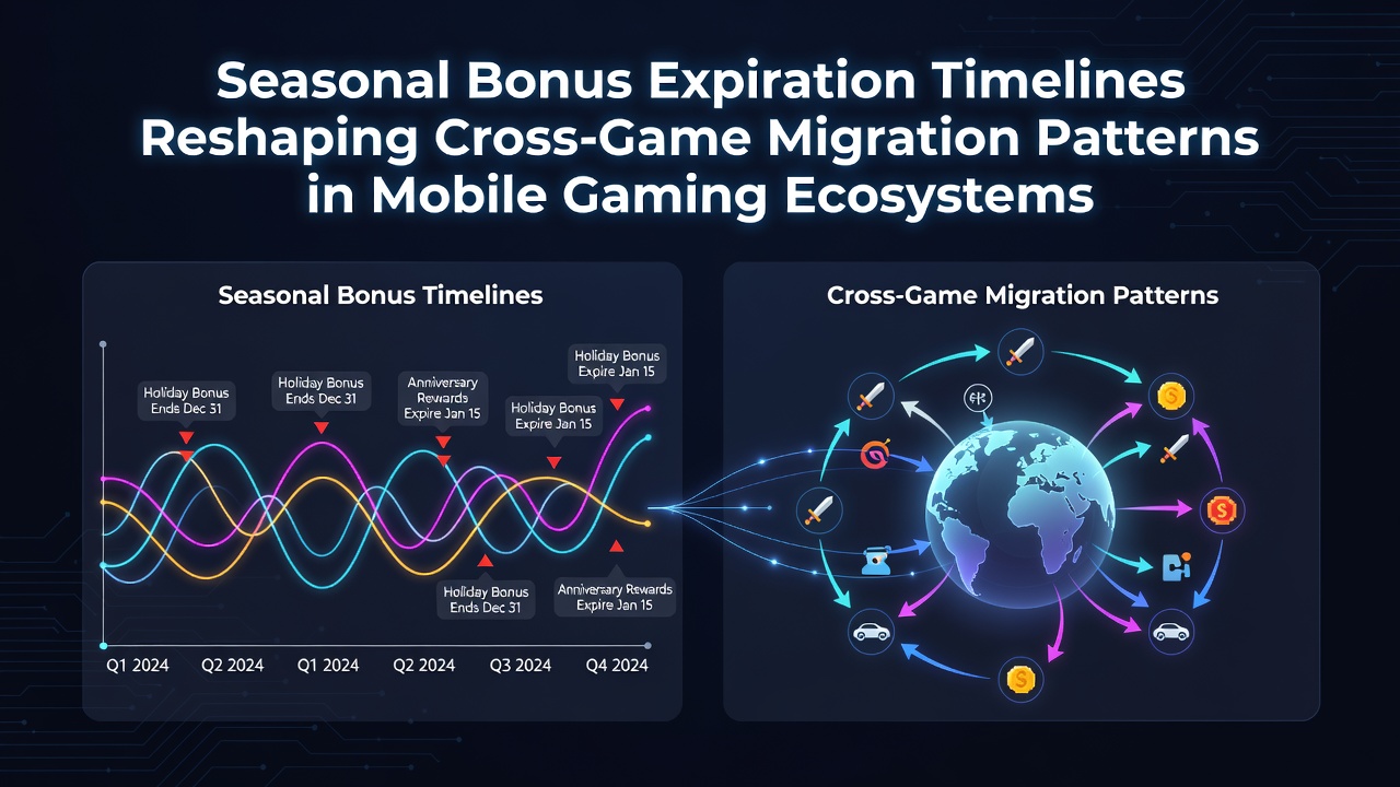 Mobile gaming interface showing seasonal bonus timers and player migration alerts across multiple game ecosystems