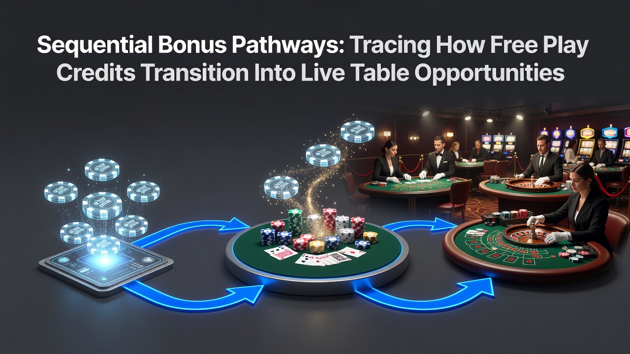 Diagram showing the flow of free play credits from slot machines into live dealer table games across digital platforms