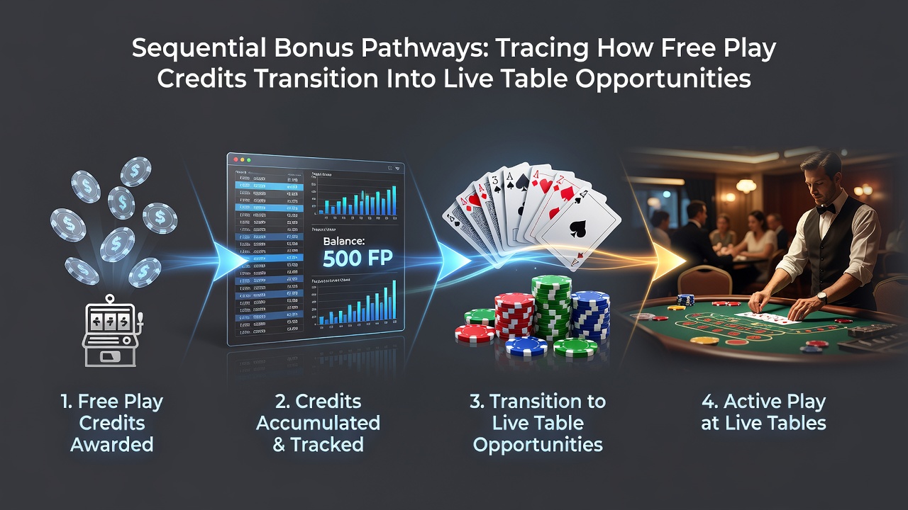 Flowchart illustrating credit conversion stages from free spins through wagering milestones to live table access