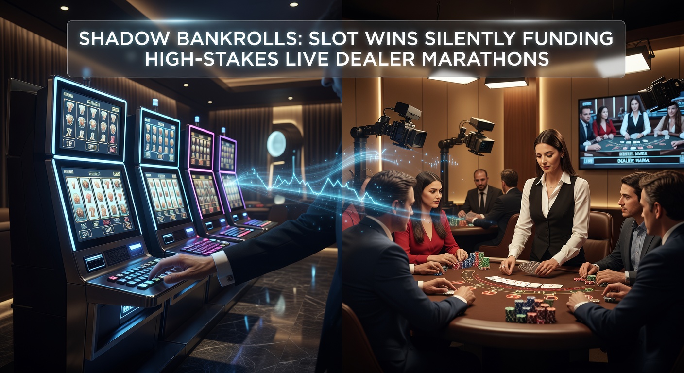 High-stakes live dealer roulette wheel spinning amid shadows of slot symbols overlayed, with a bankroll meter building in the foreground