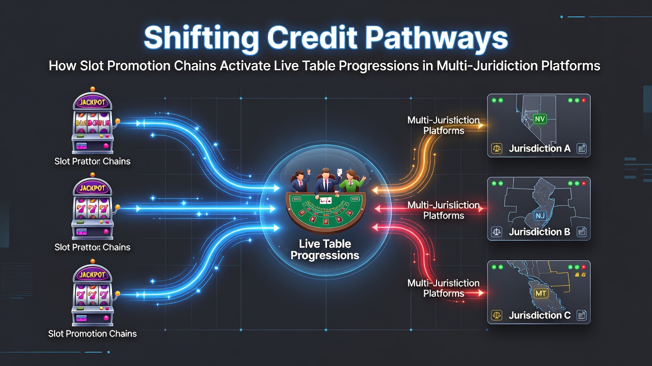 Diagram showing credit pathways from slot promotions to live table progressions in multi-jurisdiction platforms