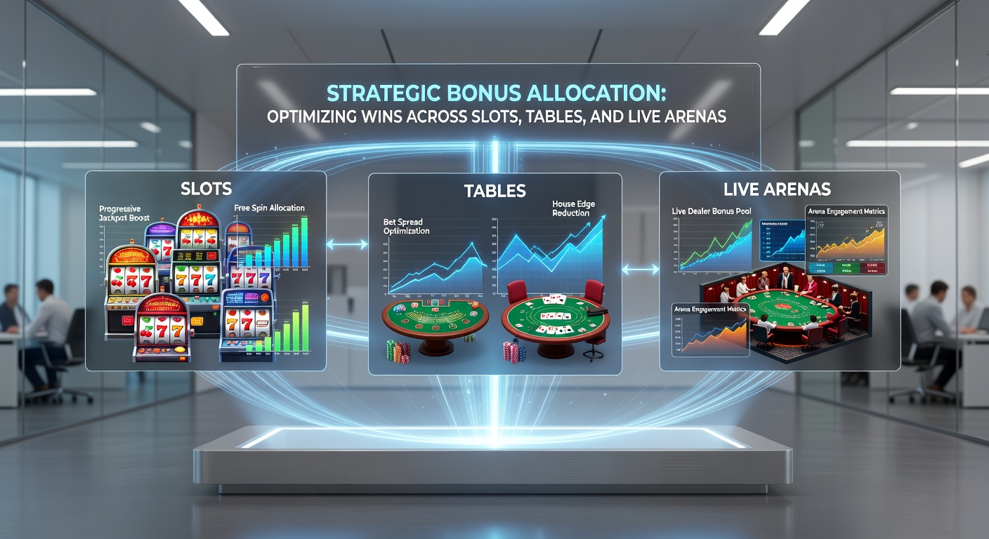 Dynamic graphic showing bonus credits flowing between slot reels, poker chips on tables, and live dealer interfaces, illustrating cross-game optimization