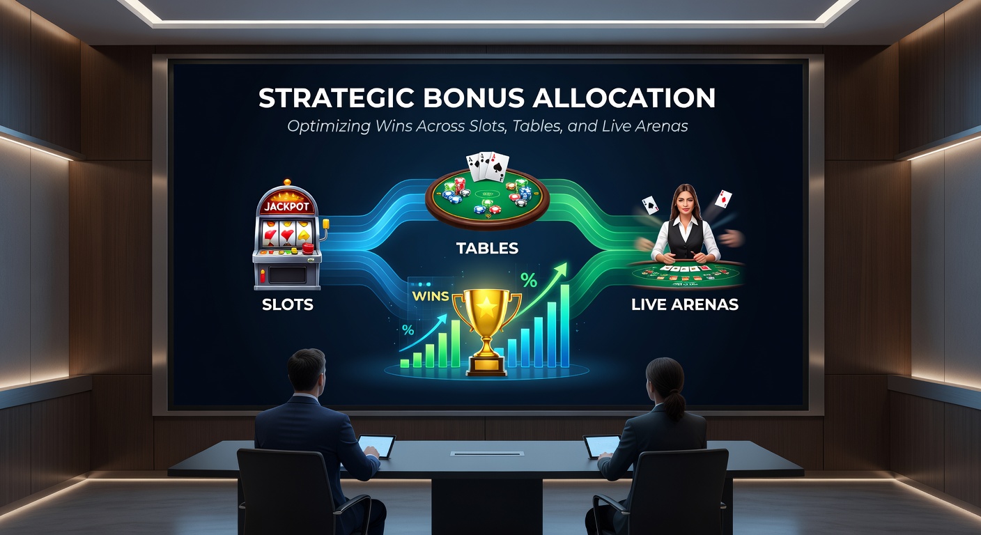 Infographic depicting bonus distribution charts across slot symbols, blackjack hands, and roulette wheels, with arrows showing optimized flow for maximum wins