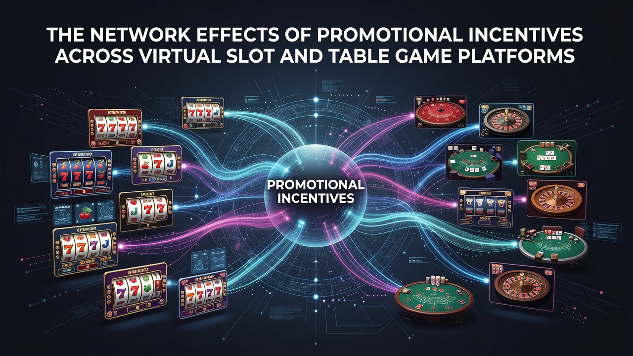 Illustration of interconnected virtual slot reels and table game interfaces linked by promotional bonus pathways