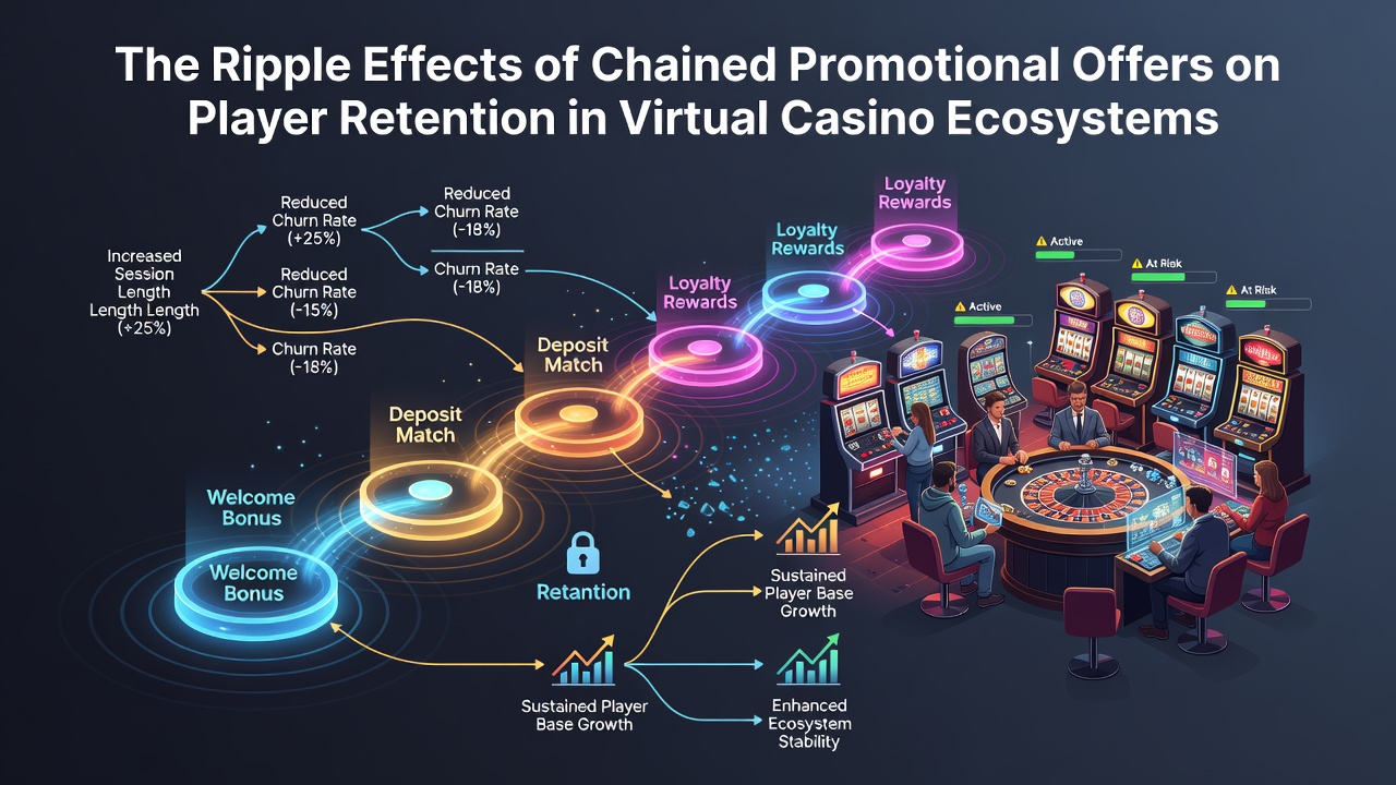 Visual representation of chained promotional offers linking slot bonuses to live casino games in virtual ecosystems