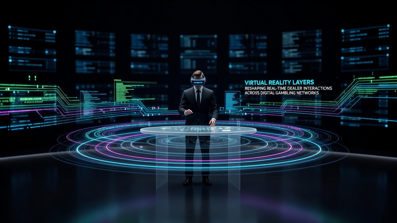 Virtual reality layers overlaying a live dealer table in a digital gambling network, showing immersive 3D elements around real-time card dealing